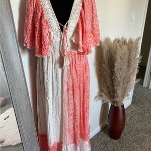 Bohemian Coral and White Maxi Dress (NWOT)